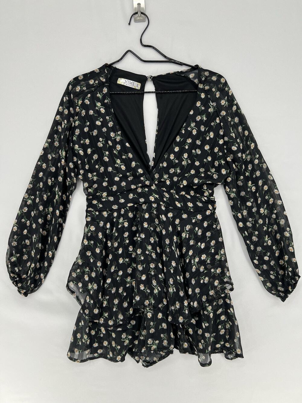 Vimi Moda Daisy Floral Romper Womens Small Black Sheer Tie Waist Boho Shorts